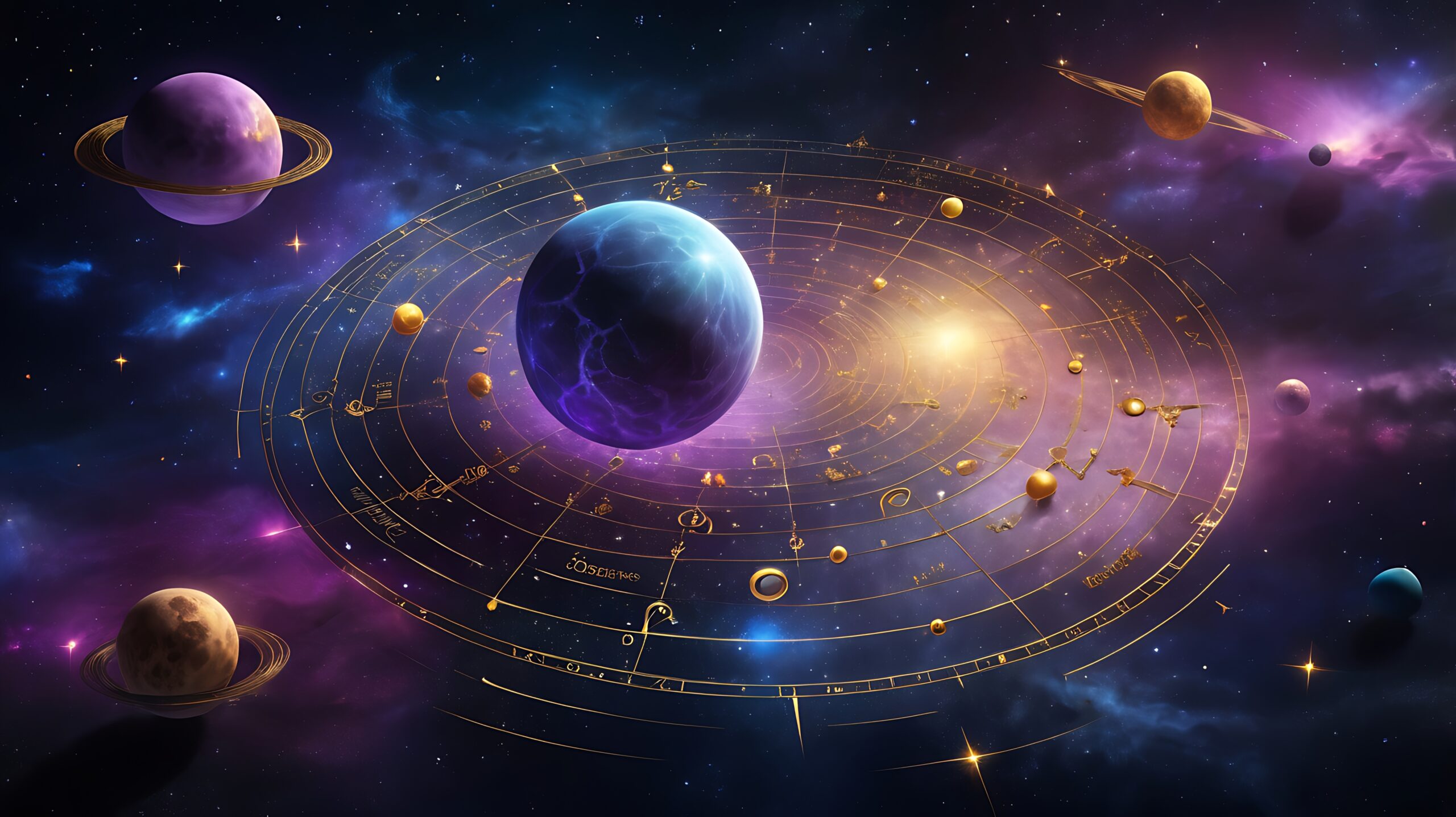 Gold zodiac wheel with planets in space. Ideal for astrology, horoscope, celestial themes, spiritual concepts, and mystical designs. Gold zodiac wheel with planets in space. Ideal for astrology, horoscope, celestial themes, spiritual concepts, and mystical designs.